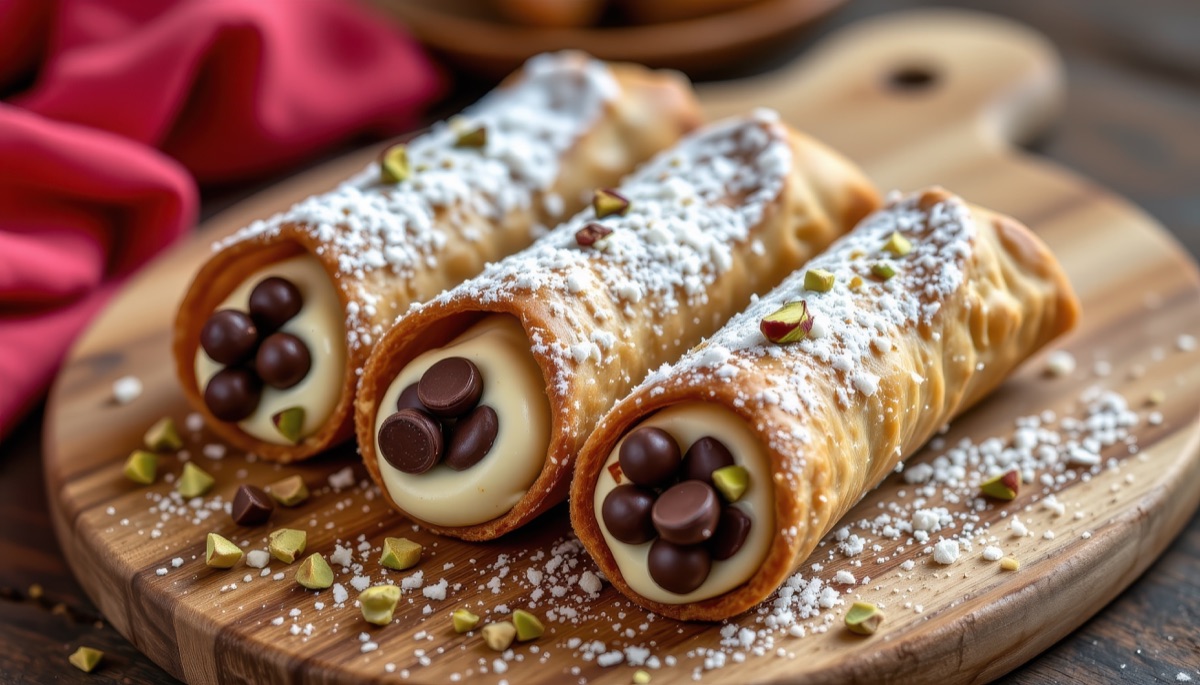 Cannoli dusted with icing sugar and pistachios on a wooden board