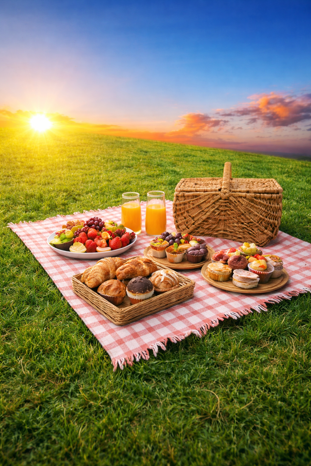 Picnic spread on green grass at sunset